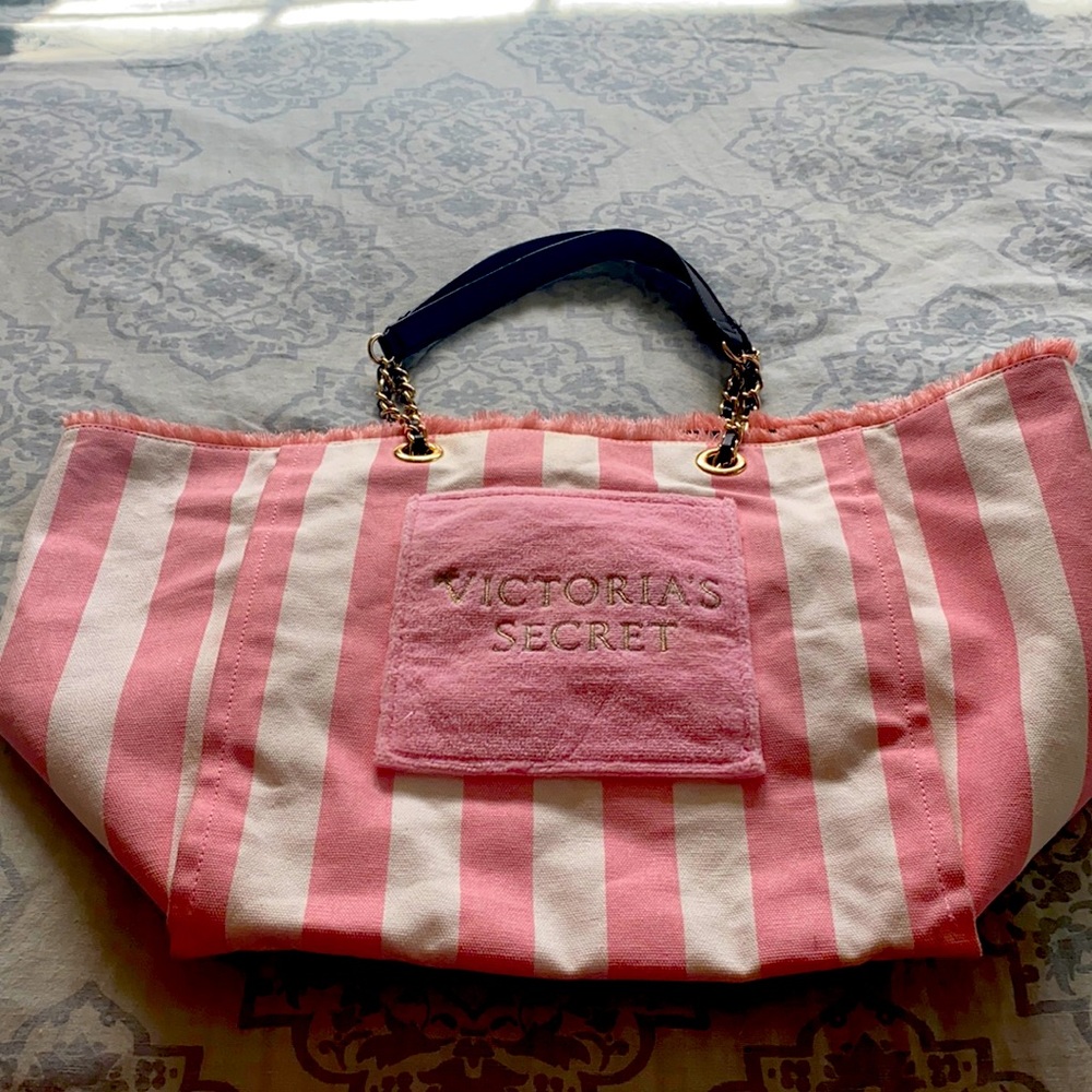Victoria’s Secret raw edged pink stripe canvas bag